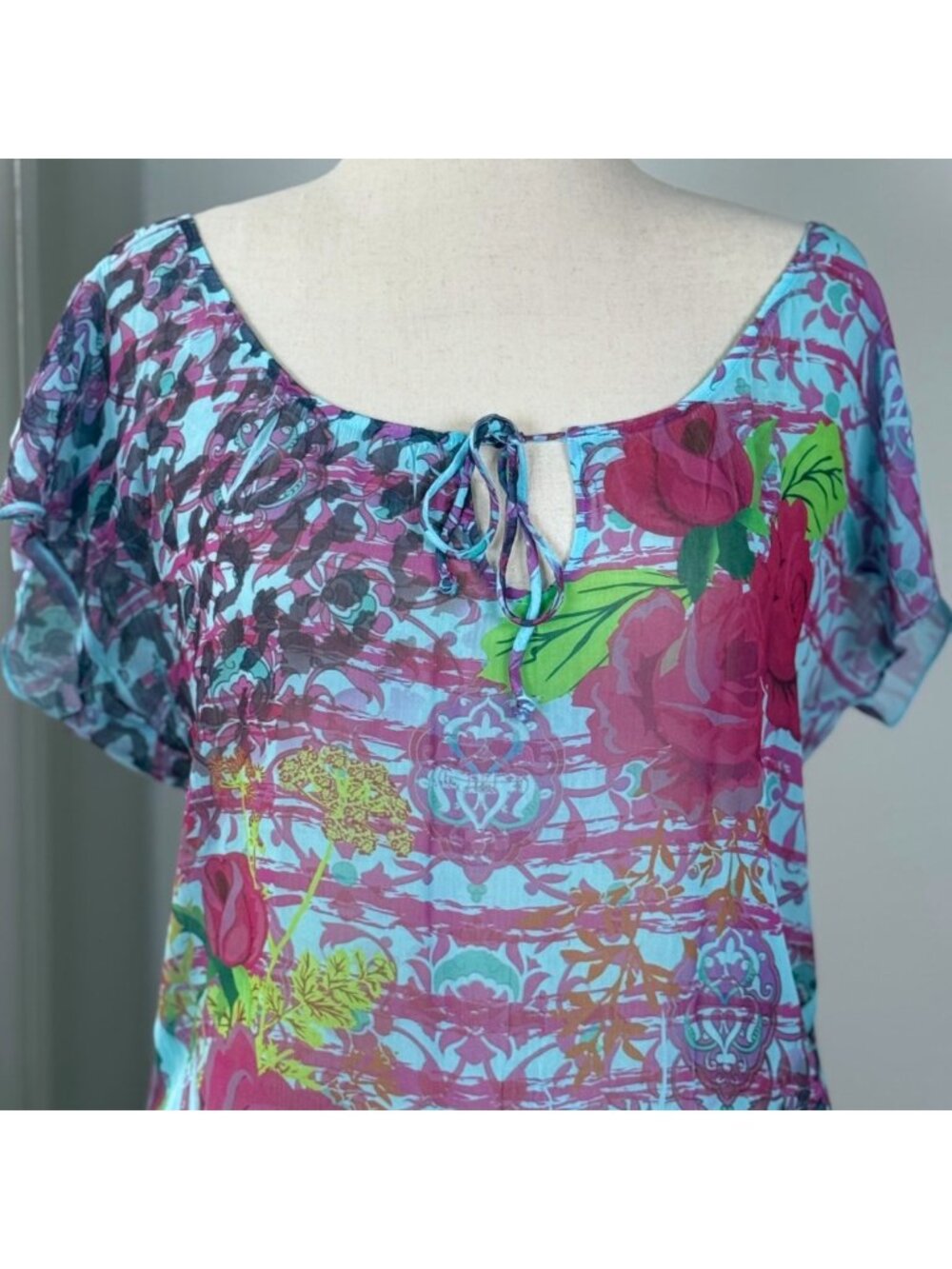 Vintage Y2K Rocker Girl Sheer Floral Tunic Top Keyhole Retro Gyaru Boho Fairy - Picture 4 of 9